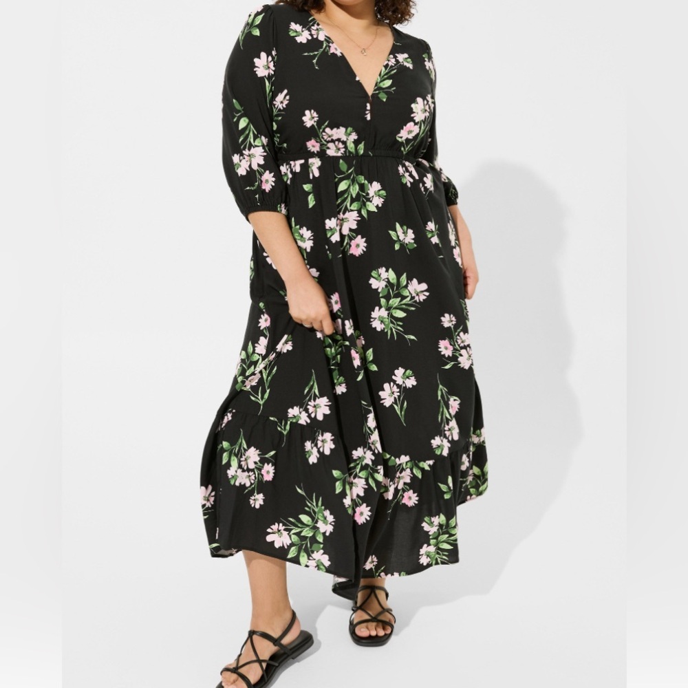 Torrid Black Floral V-Neck Maxi Dress with Pink & Green Print